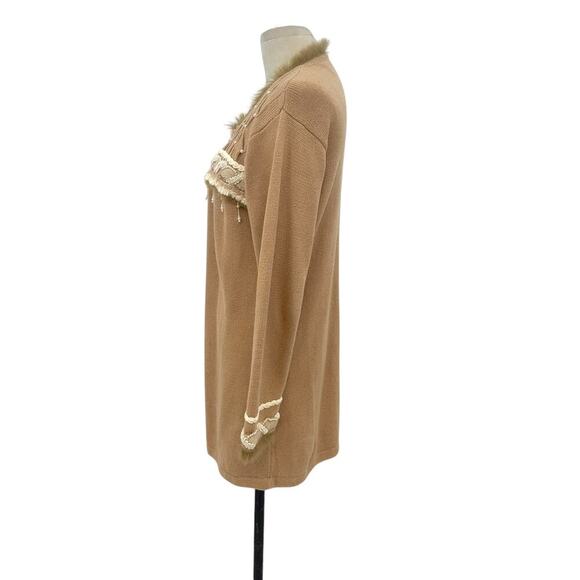 Storybook Knits Pearl Beaded Fur Trimmed Cardigan Sweater Tan Camel Size Small - Picture 6 of 14